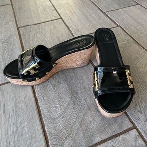 Tory Burch Pamela Black Patent Leather Cork Wedge Slide Sandals Size 7.5
